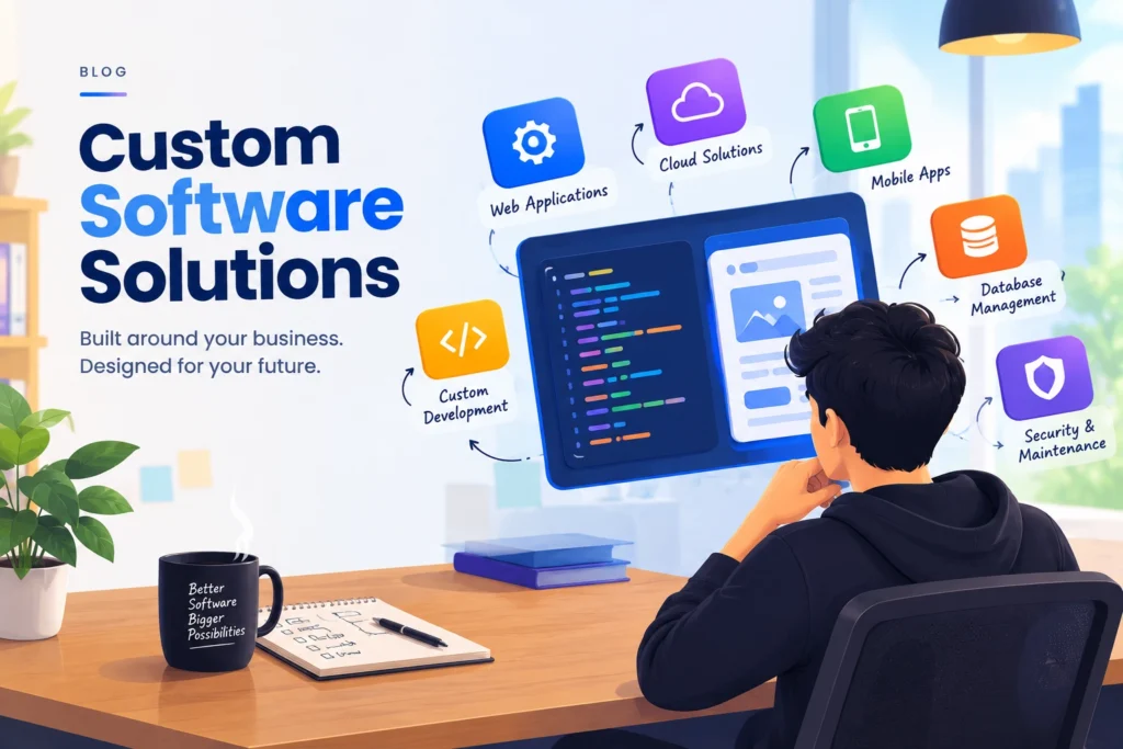 Custom software solutions illustration with coding, cloud, and app development icons.