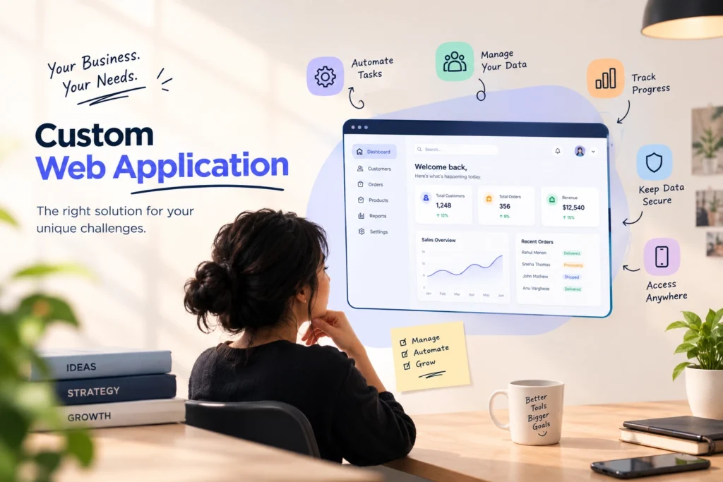 Custom Web Application with a business dashboard showing data management, task automation, and performance tracking.