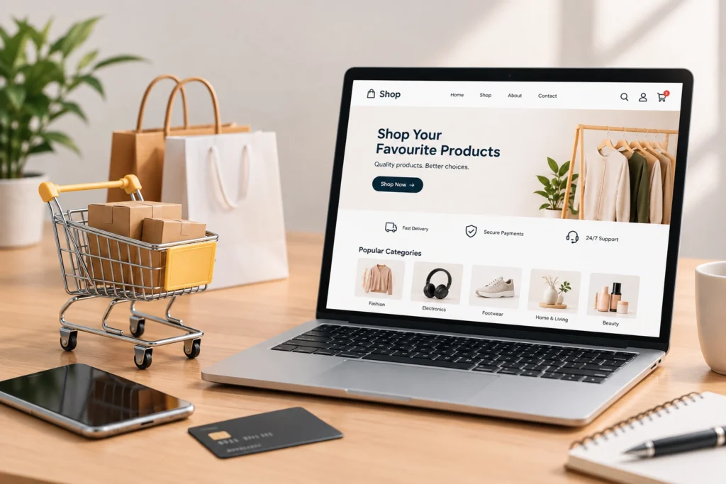E-commerce Website Development with an online shopping website displayed on a laptop and shopping cart.