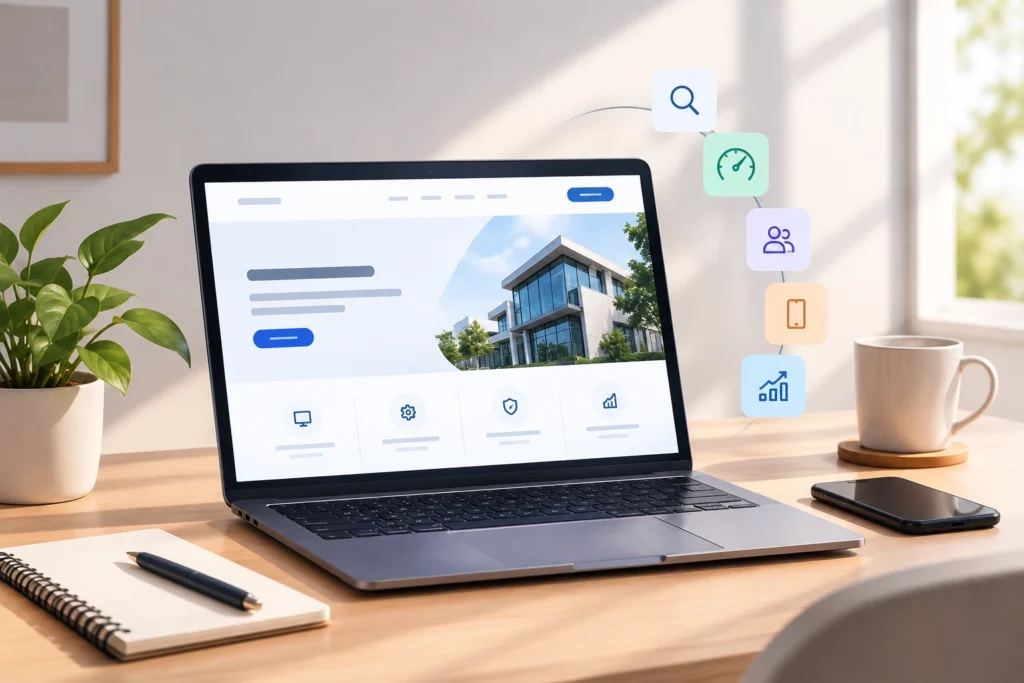 Business Website Development featuring a modern professional business website displayed on a laptop.